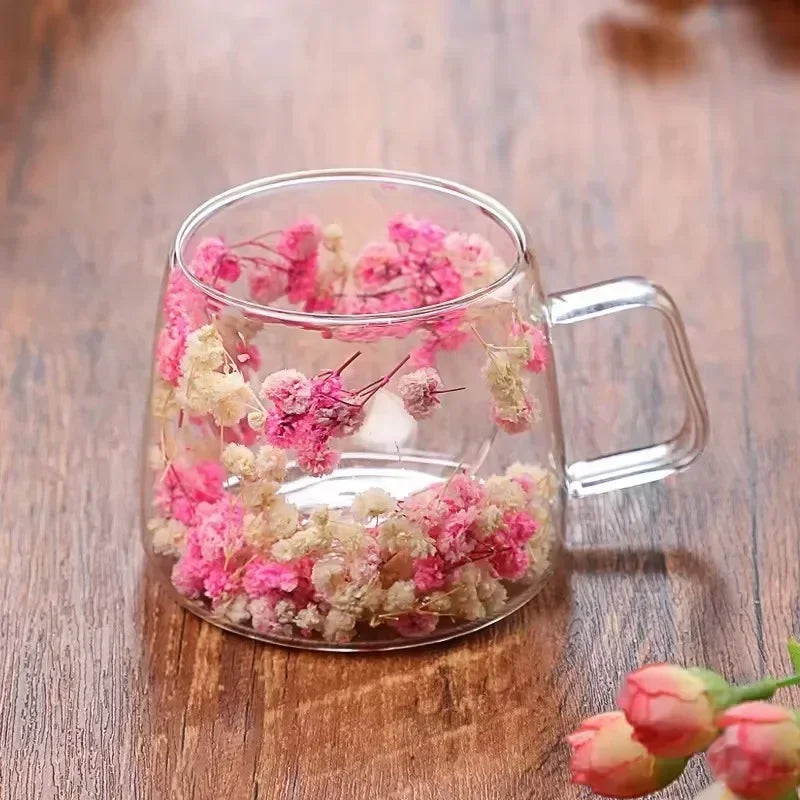 200ml Double Wall Coffee Mug with Handles Transparent Flowers Clear Milk Cups Fill Artificial Simulation Drinkware Glass for Bar