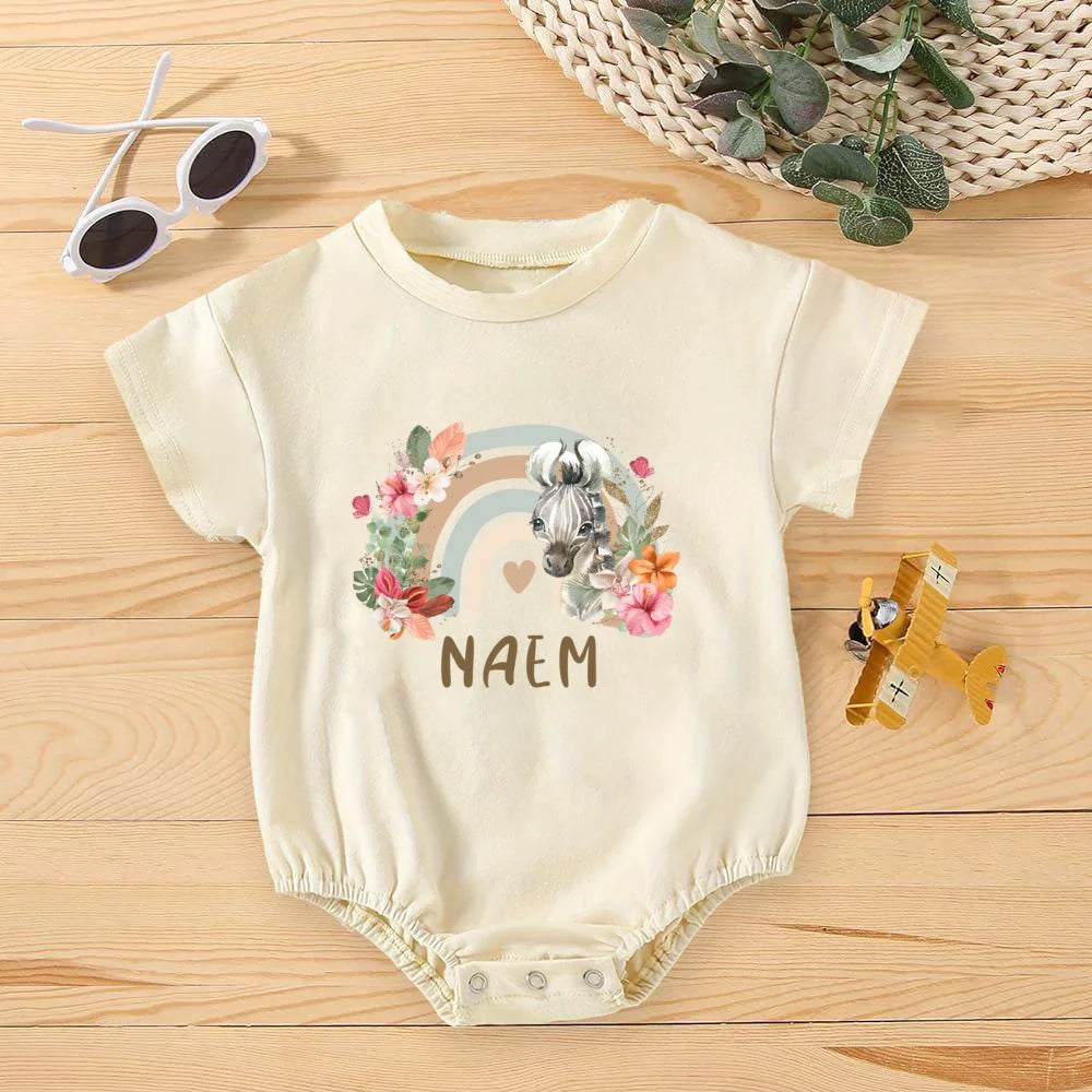 Personalized Rainbow with Name Bubble Romper Infant Jungle Birthday Party Clothes Baby Oversized Bodysuit Cute Wild One Jumpsuit