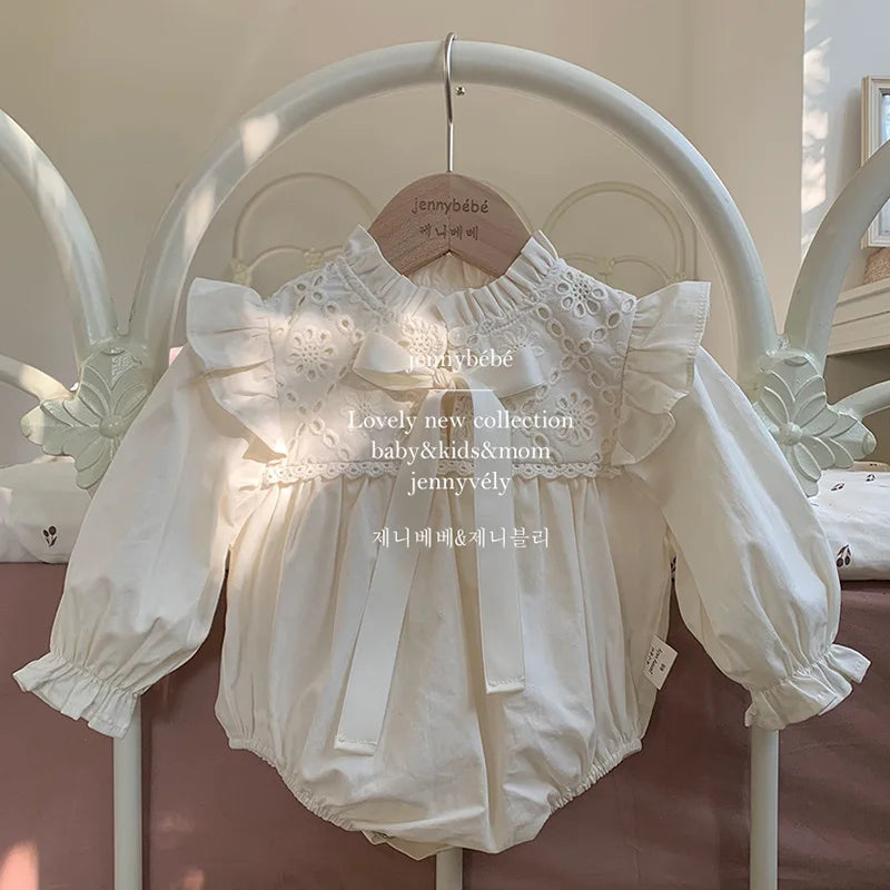 2024 New Spring 0-24M Children Clothes Korean Style Climbing Suit Long Sleeved Cotton Lace Splicing Toddler Baby Girl Romper