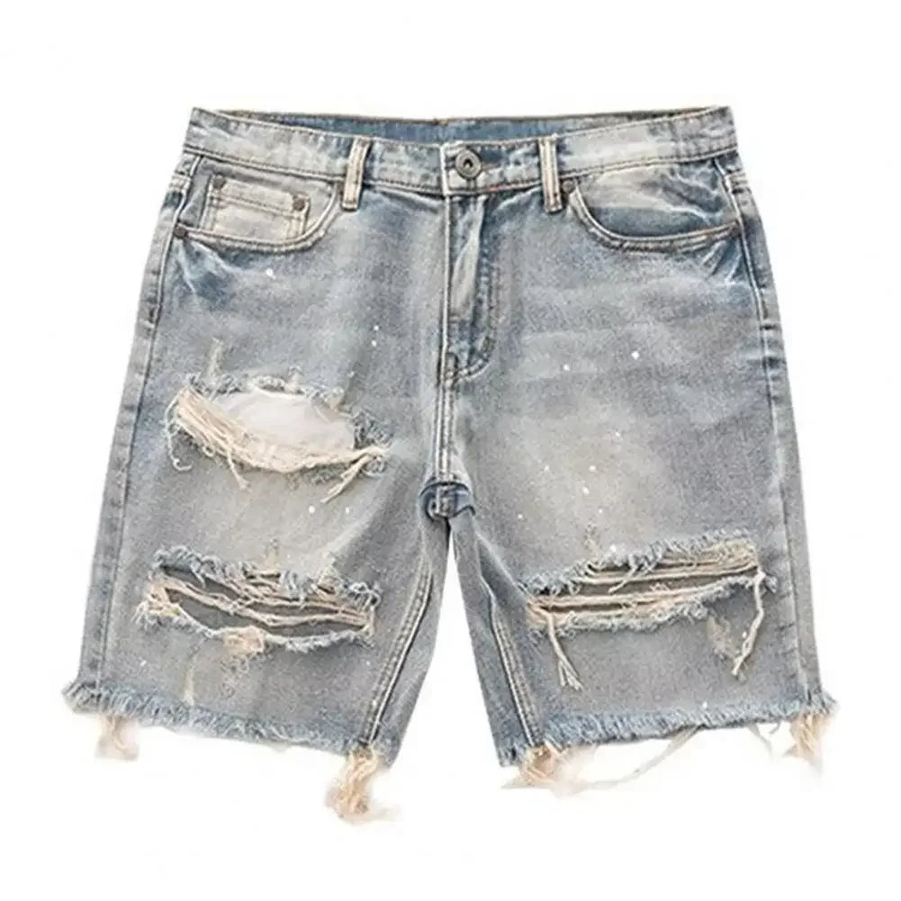 Deformed-resistant Denim Shorts Men's Summer Distressed Denim Shorts Straight Fit Ripped Holes Knee Length Jeans with Multi