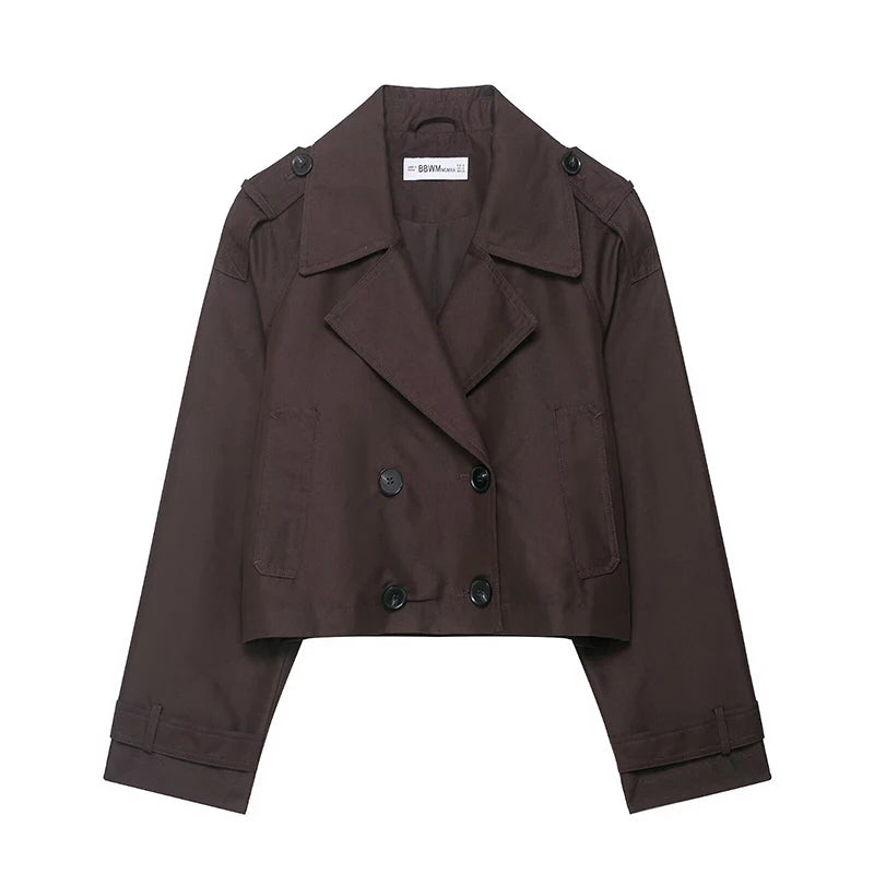 RAFZNB Women's Fashion Double-Breasted Short Trench Coat, Turn-Down Collar, Long Sleeves, Vintage Female Outerwear, Chic Tops