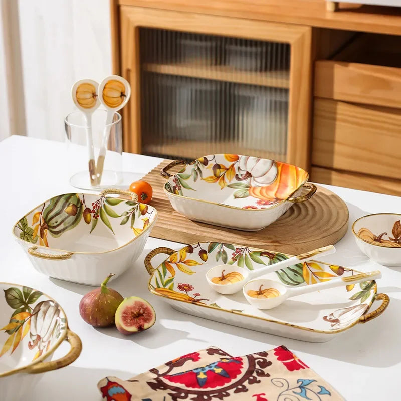 1PC Pumpkin Bowl Dish Tableware Household Ceramic Dishes Soup Double Ear Baking Plate Circular Bamboo Hat