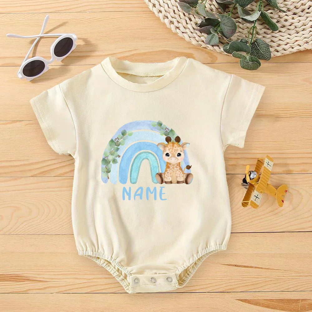 Personalized Rainbow with Name Bubble Romper Infant Jungle Birthday Party Clothes Baby Oversized Bodysuit Cute Wild One Jumpsuit