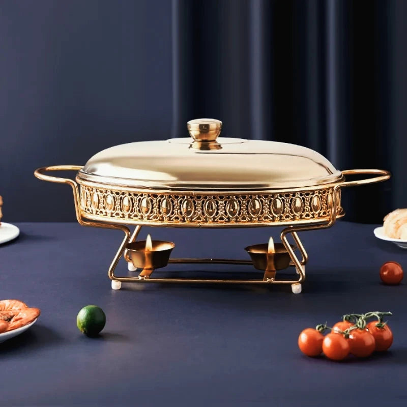 Luxury Golden Oval Food Warmer Hotel Wedding Chafing Dish Stainless Steel Glass Serving Dish Buffet Server and Hot Pot