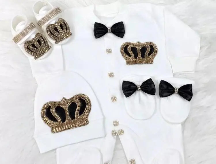 4pcs Take me Home Romper Set Baby Blanket Hat Gloves Shoes Set 39 week Pregnant Woman Photographyh Royal Crown Jewelry Suit