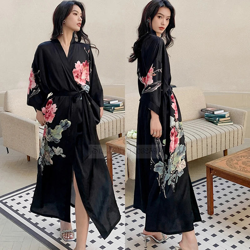 New Spring Summer Female Long Robe Nightgown Sexy Print Flower Kimono Bathrobe Gown Casual Silk Satin Home Dress Lounge Wear