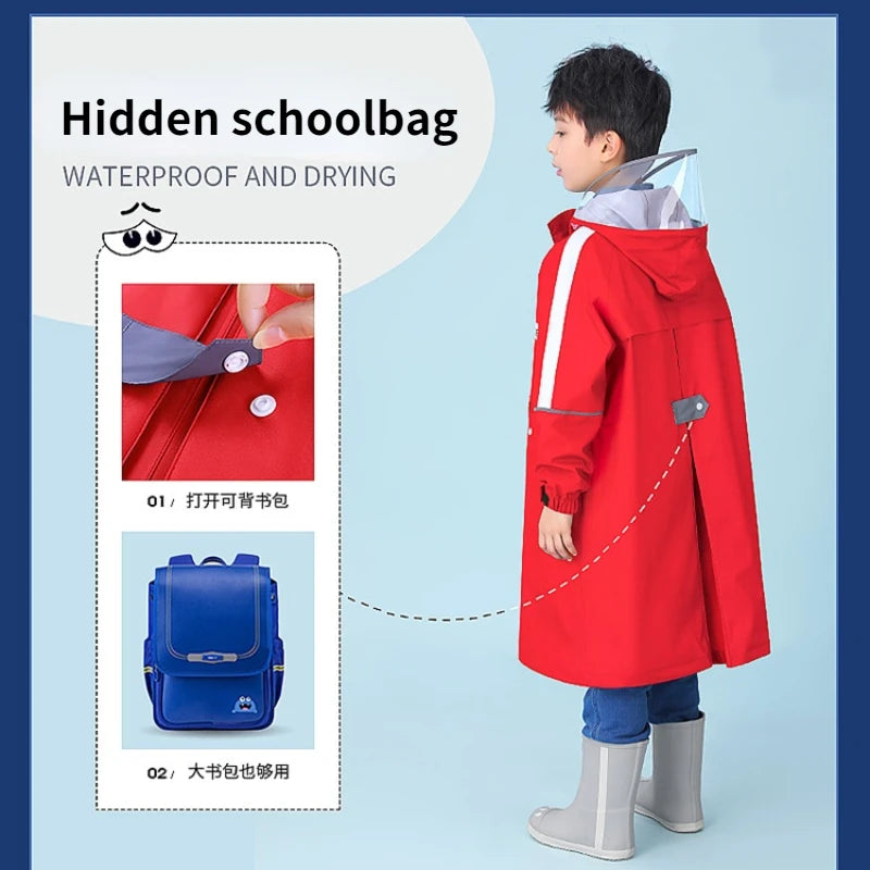 Full body waterproof skin friendly thickened fabric children's raincoat with schoolbag for middle and primary school students