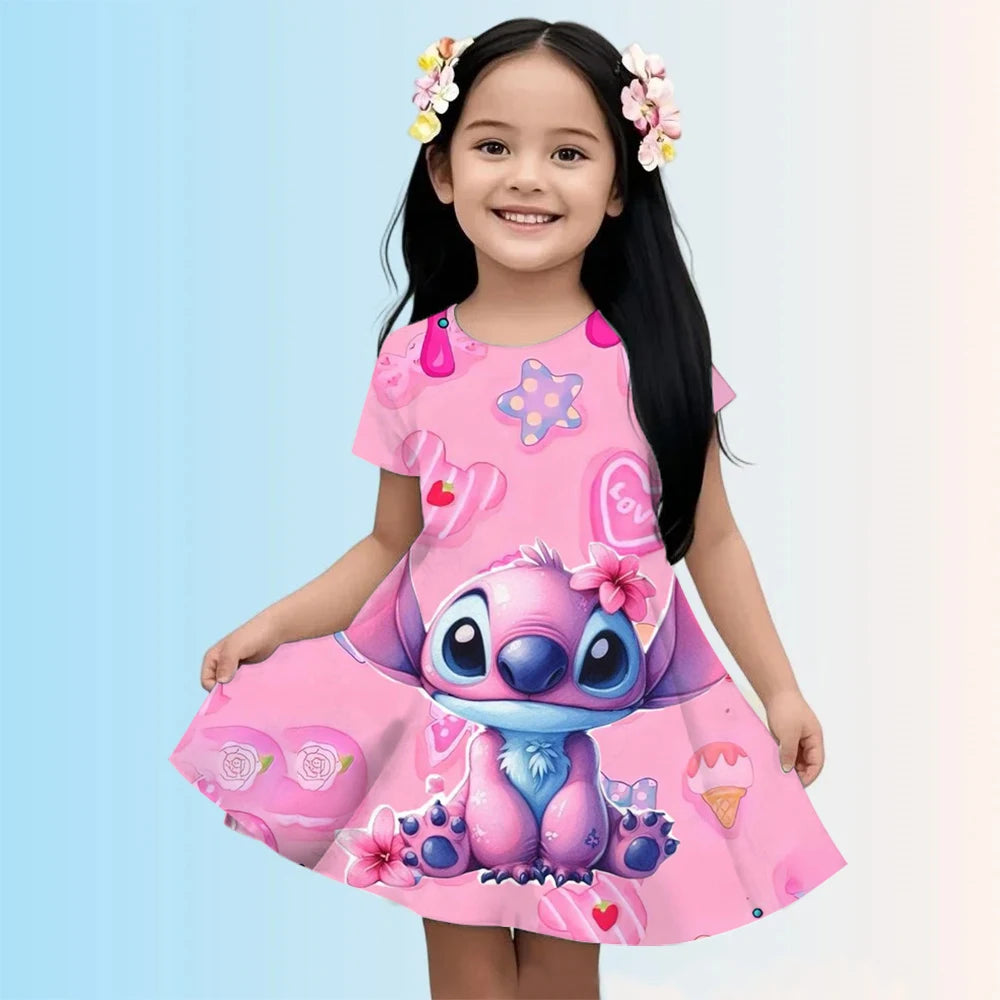 2025 Girls Stitch Dresses Princess Children's Clothing Cartoon Stitch Print Summer Fashion Baby Stitch Dress 3-14Y