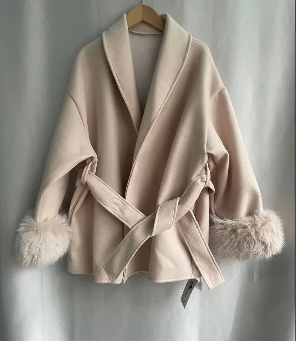 Fashion Coats Women Patchwork Furry Long Sleeve Bandage Outwear Korean Y2k Clothing Slim Waist Temperament Solid Color Jackets