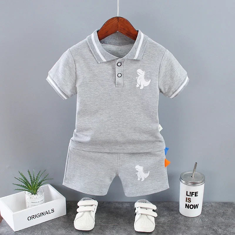 New Summer Outfits Baby Boys 9 To 12 Months Dinosaur Printed Turn-down Collar T-shirts Tops and Shorts 2PCS Infant Clothing Sets