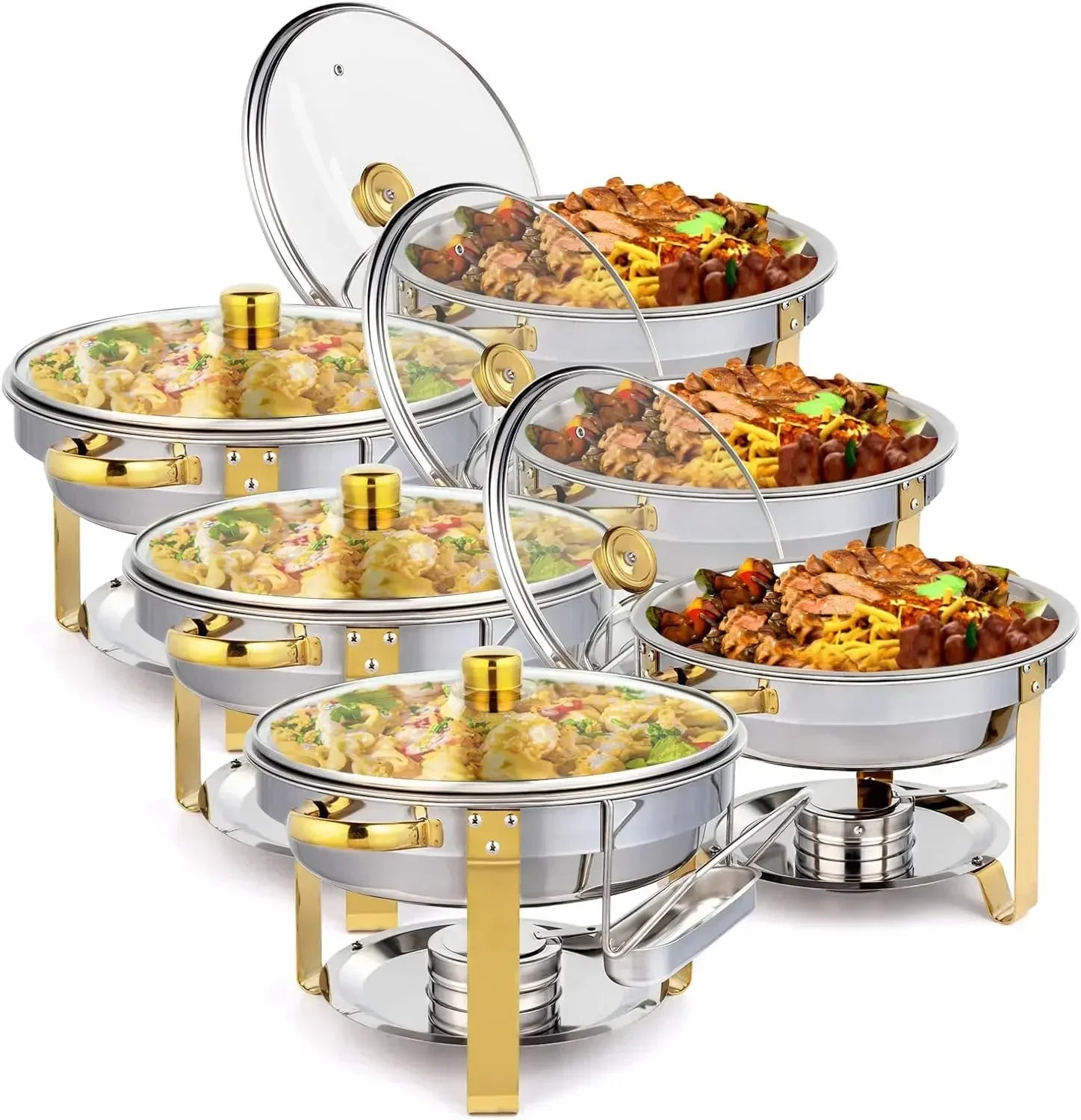 Chafing Dish Buffet Set Gold Accent Round NSF Stainless Steel Warmer Glass Lid Holder Catering Event Party