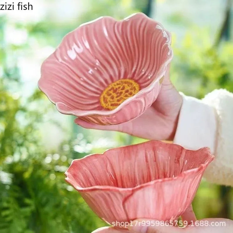 Pink Ceramic Flower Plate Dining Plates Decorative Bowl Dessert Plate Soup Bowls Water Cup Serving Plates Fruit Bowl Snack Bowls