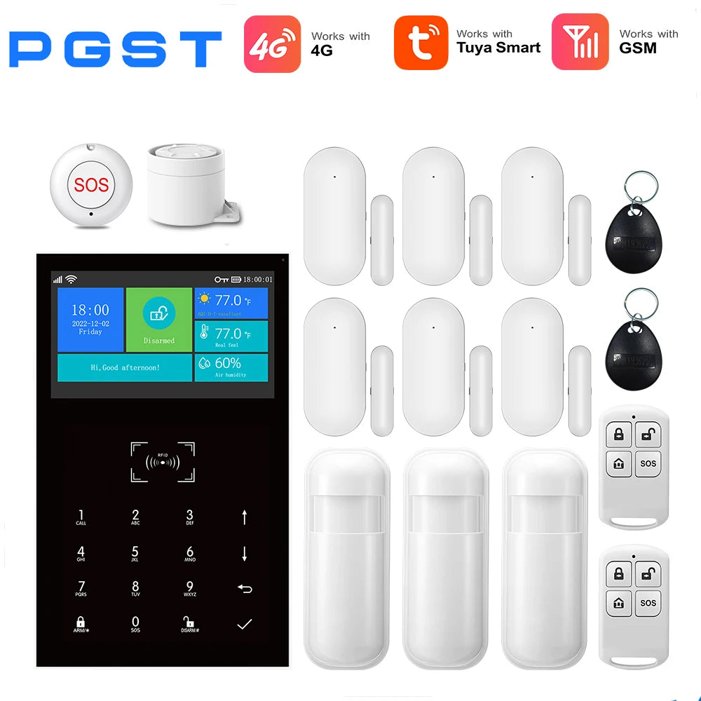PGST GSM WIFI Smart Home Alarm System Tuya 4G Wireless Smart Life APP Control With Alexa 433MHz Safe Security Door Sensor Siren