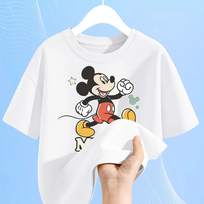 Summer Baby Girls Solid Clothes Kid Boy Disney Mickey Printed Short Sleeve T-shirts Children Cartoon O-Neck Soft Breathable Top