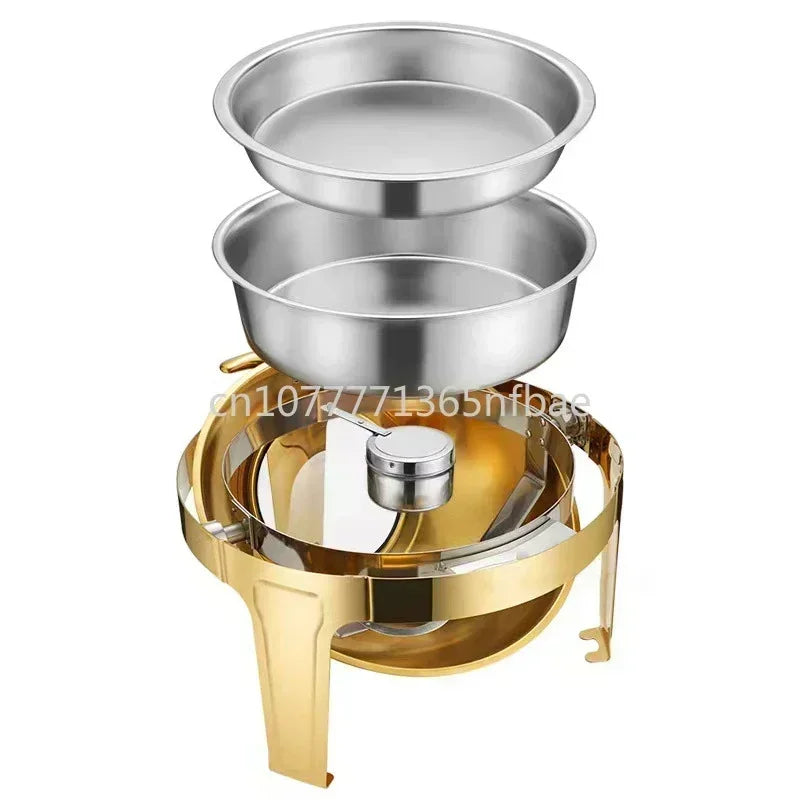6L Large Roll Top Round Dining Silver Chafing Dish Food Warmer，Hotel Large Stainless Steel Gold Hot Pot