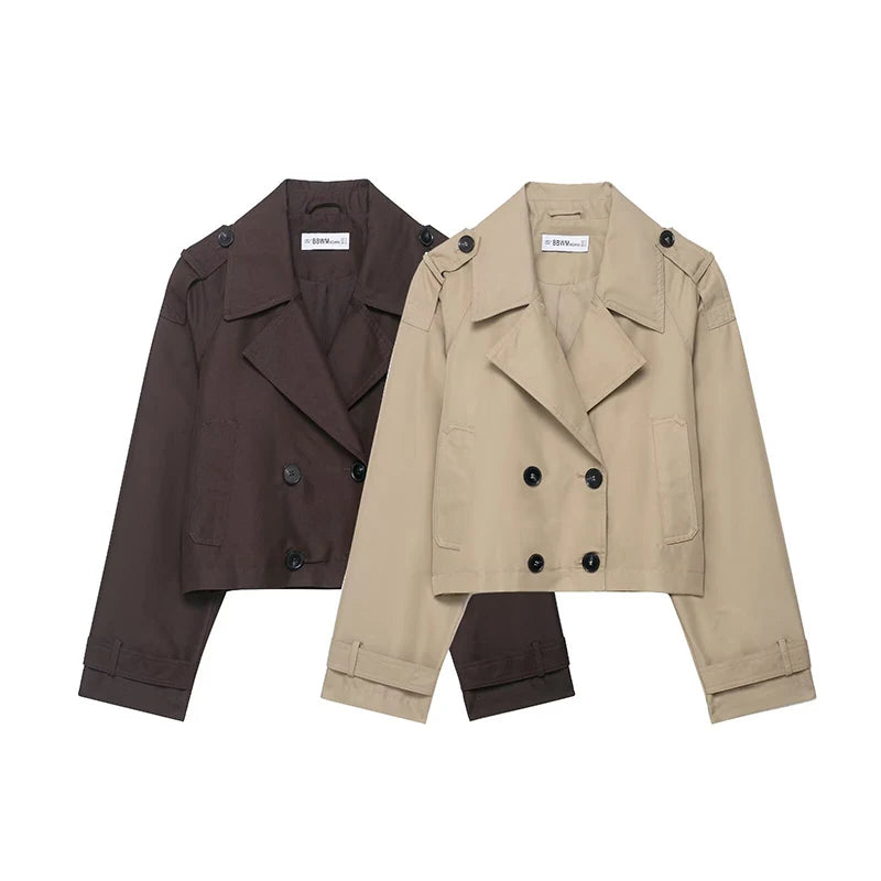 RAFZNB Women's Fashion Double-Breasted Short Trench Coat, Turn-Down Collar, Long Sleeves, Vintage Female Outerwear, Chic Tops