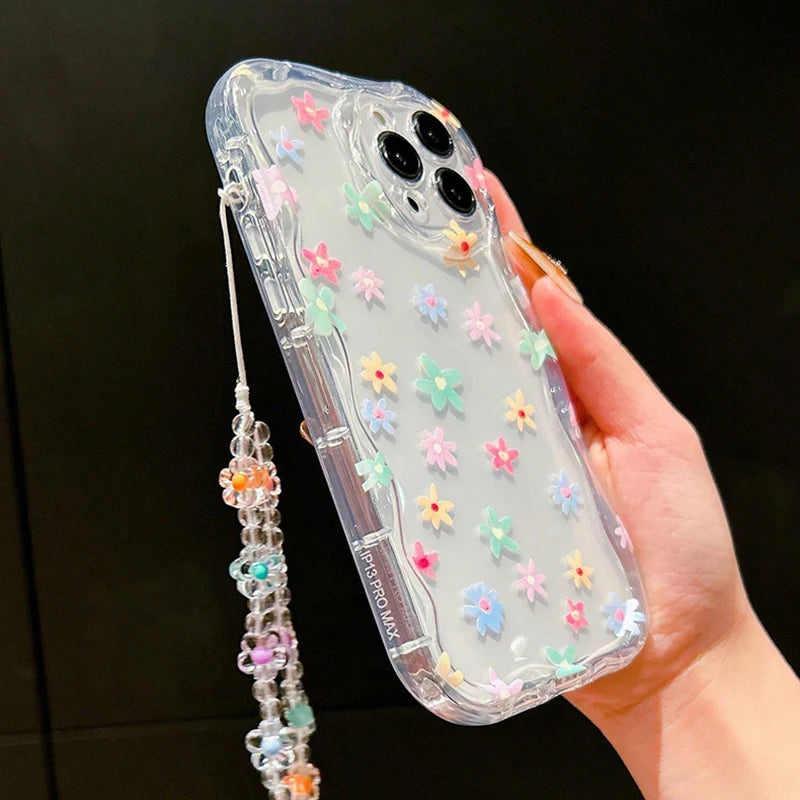 Colorful Flower Pattern Bracelet Lanyard Transparent Phone Case For iPhone 17 16 15 14 13 12 11 Pro Max XS XR 7 8 Plus 16E Cover