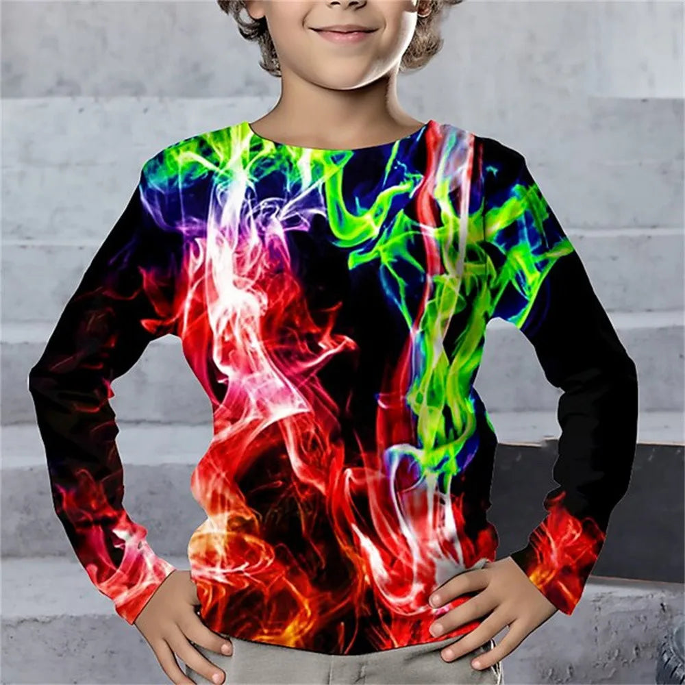 Children's Clothing Tshirt for Kids Boys 9 to 14 Lightning Geometry Long Sleeve T-Shirt Boy One Piece Casual Top High Child Tees