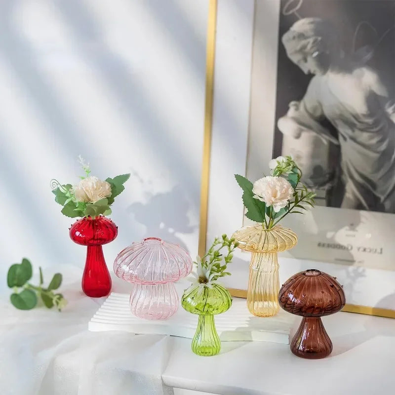 5Pcs/set Colored Glass Mushroom Vase DIY Aromatherapy Bottle Funky Cottagecore Decor for Home Room Office Windowsill Decoration
