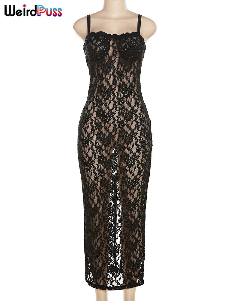 Women's Black Lace Long Dress, Sleeveless See-Through Dress, Sexy Flirty Nightclub Party Bodycon Dresses