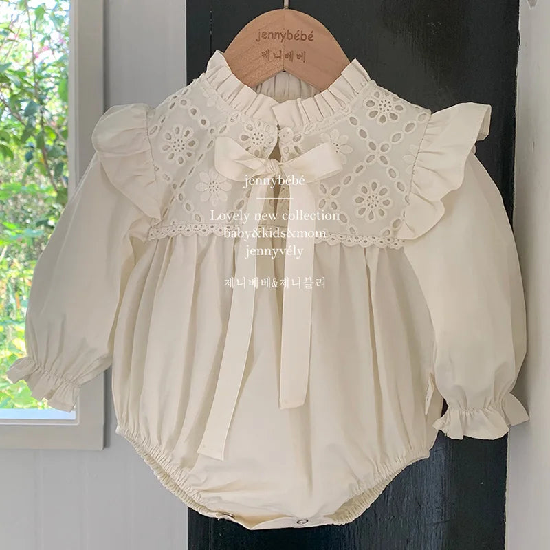 2024 New Spring 0-24M Children Clothes Korean Style Climbing Suit Long Sleeved Cotton Lace Splicing Toddler Baby Girl Romper