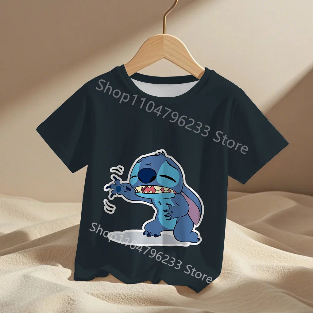 3-14Y Children's Disney Stitch T Shirts Summer Girls Lovely Short Sleeve Daily Casual Tops Boys T-shirt Homewear Graphic Tees