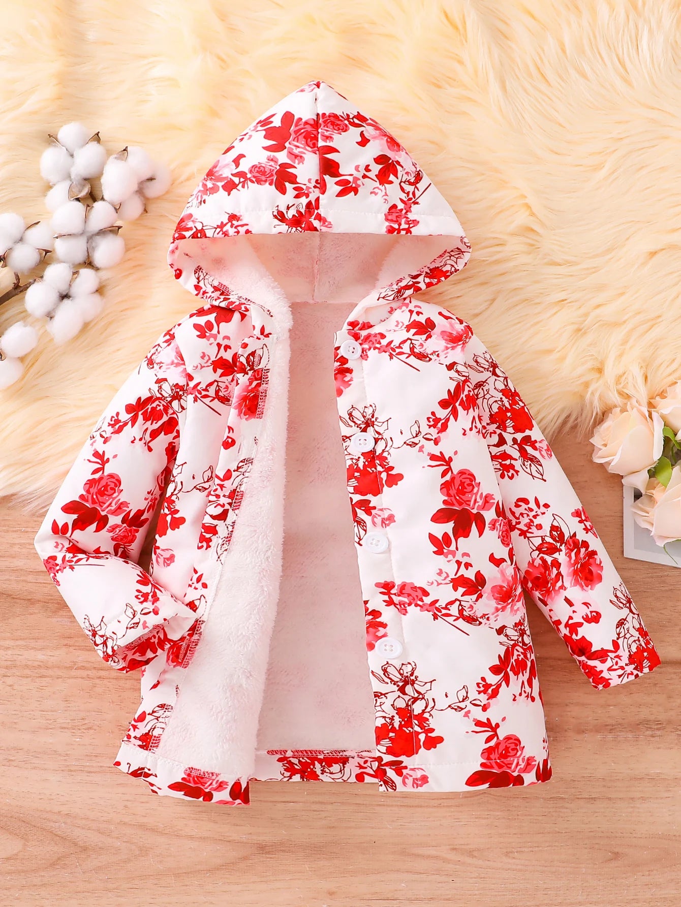 Fall/Winter Girls' Fleece Hooded Single-Breasted Floral Print Coat Holiday School Thermal Jacket Top