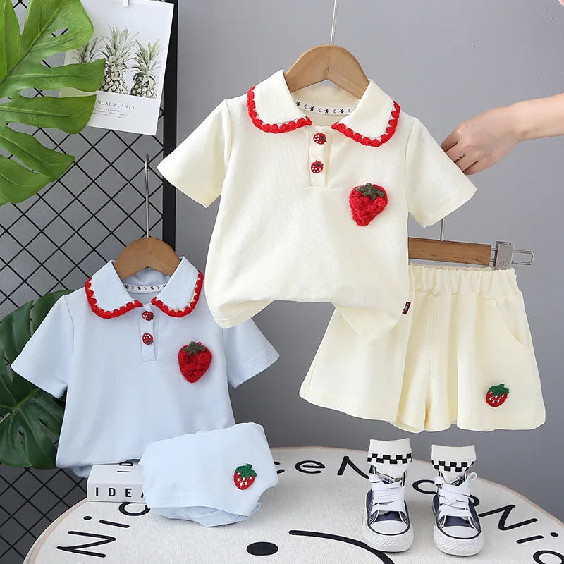 MILANCEL New Summer Kids Clothes Set Girls Cute Strawberry Polo Shirt +Shorts Children Doll Collar Outwear 2PCS