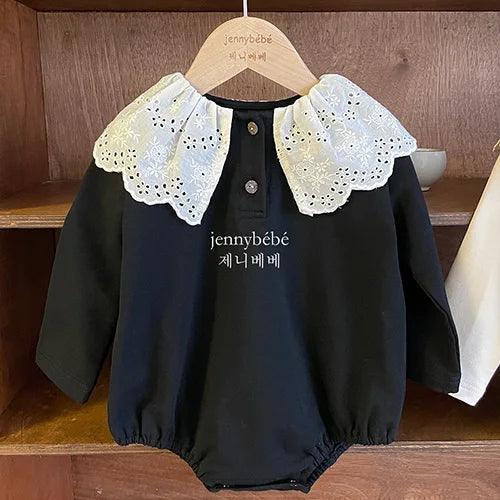 2024 New Spring 0-24M Children Clothes Korean Style Climbing Suit Long Sleeved Cotton Lace Splicing Toddler Baby Girl Romper