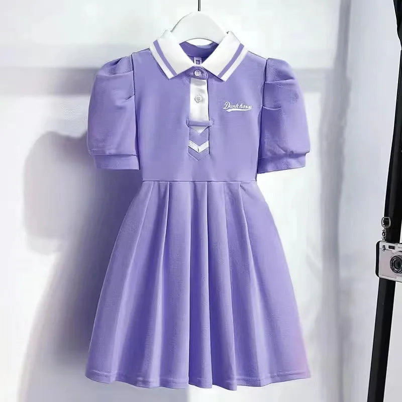 1pcs Summer Children's Dress Girl's Korean Edition Bubble Sleeves Flip Collar Dress Kids Princess Dress Baby Sweet Pleated Skirt