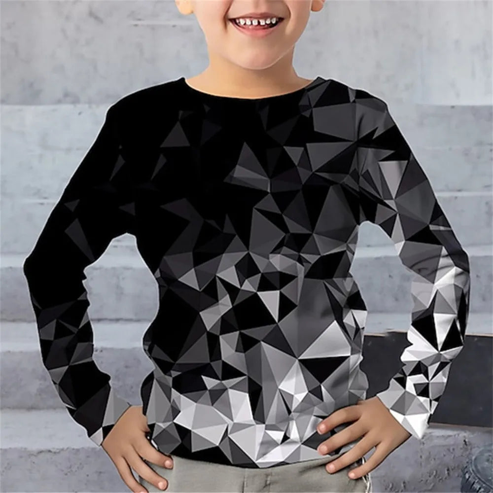Children's Clothing Tshirt for Kids Boys 9 to 14 Lightning Geometry Long Sleeve T-Shirt Boy One Piece Casual Top High Child Tees
