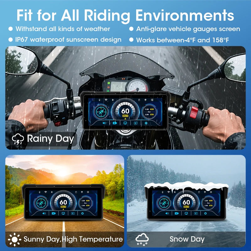 JMCQ Portable 8.1 inch IP67 Waterproof Motorcycle 4K DVR GPS Navigation Wireless Carplay Android Auto Moto Recorder Monitor