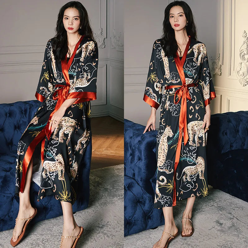 New Spring Summer Female Long Robe Nightgown Sexy Print Flower Kimono Bathrobe Gown Casual Silk Satin Home Dress Lounge Wear