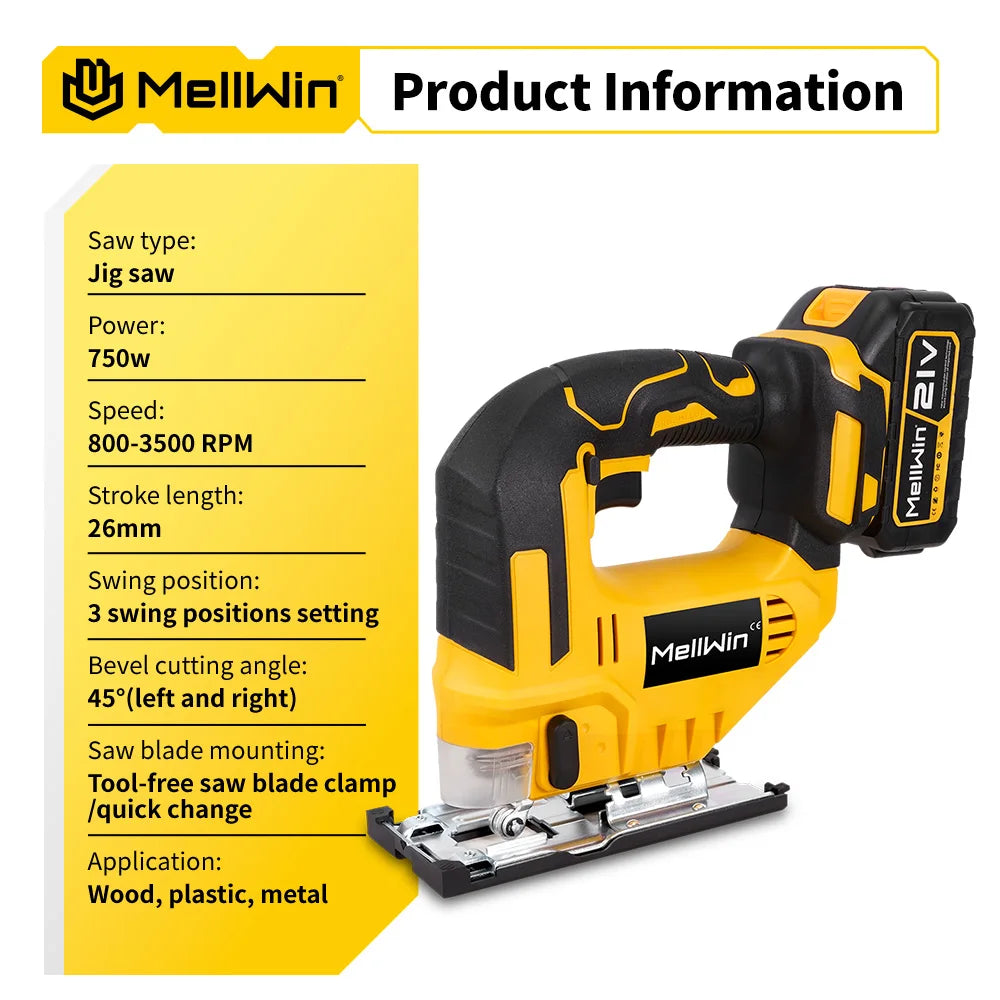 MELLWIN 3500RPM Electric JigSaw 31 With Blade Wireless Curve Saw Multi-function Woodworking Tool For Makita 18V Battery Pin