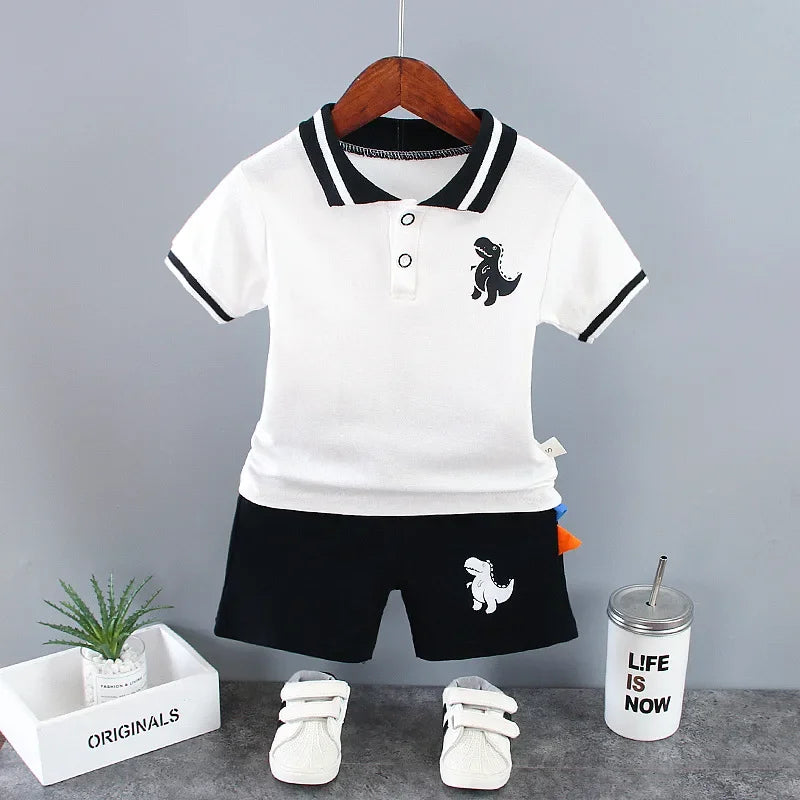 New Summer Outfits Baby Boys 9 To 12 Months Dinosaur Printed Turn-down Collar T-shirts Tops and Shorts 2PCS Infant Clothing Sets