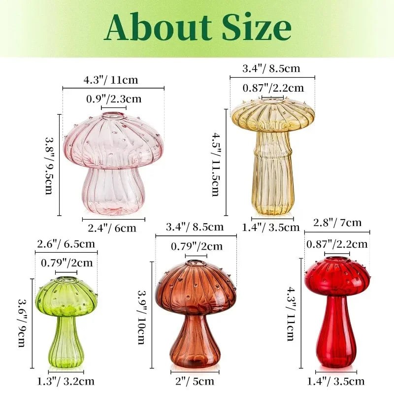 5Pcs/set Colored Glass Mushroom Vase DIY Aromatherapy Bottle Funky Cottagecore Decor for Home Room Office Windowsill Decoration