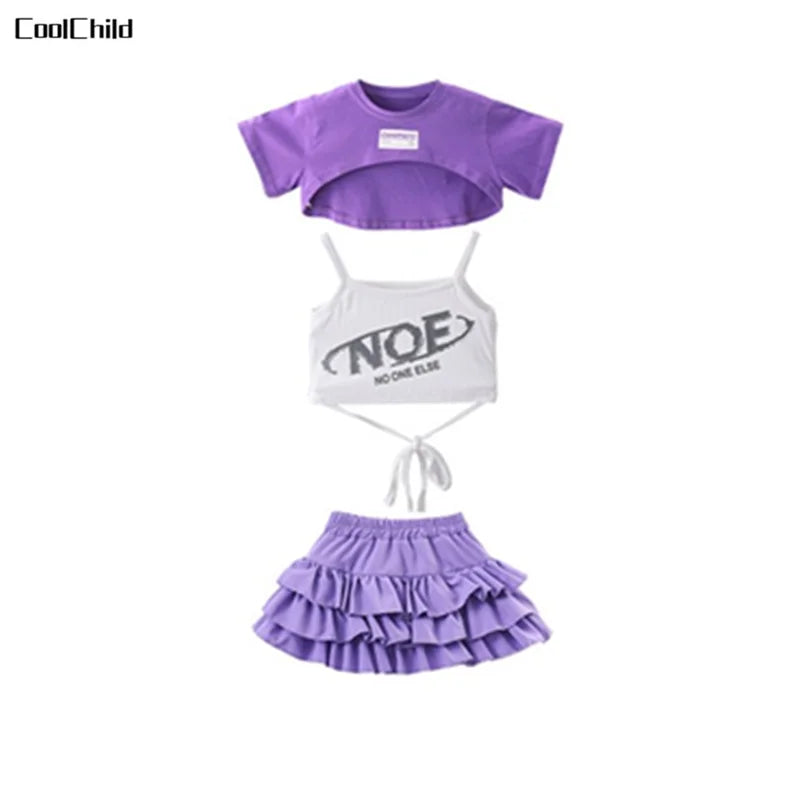 Girls Cute Summer Streetwear Children Hip Hop Crop Top Purple Tiered Skirts Clothes Sets Kids Teens Street Dance Jazz Costumes