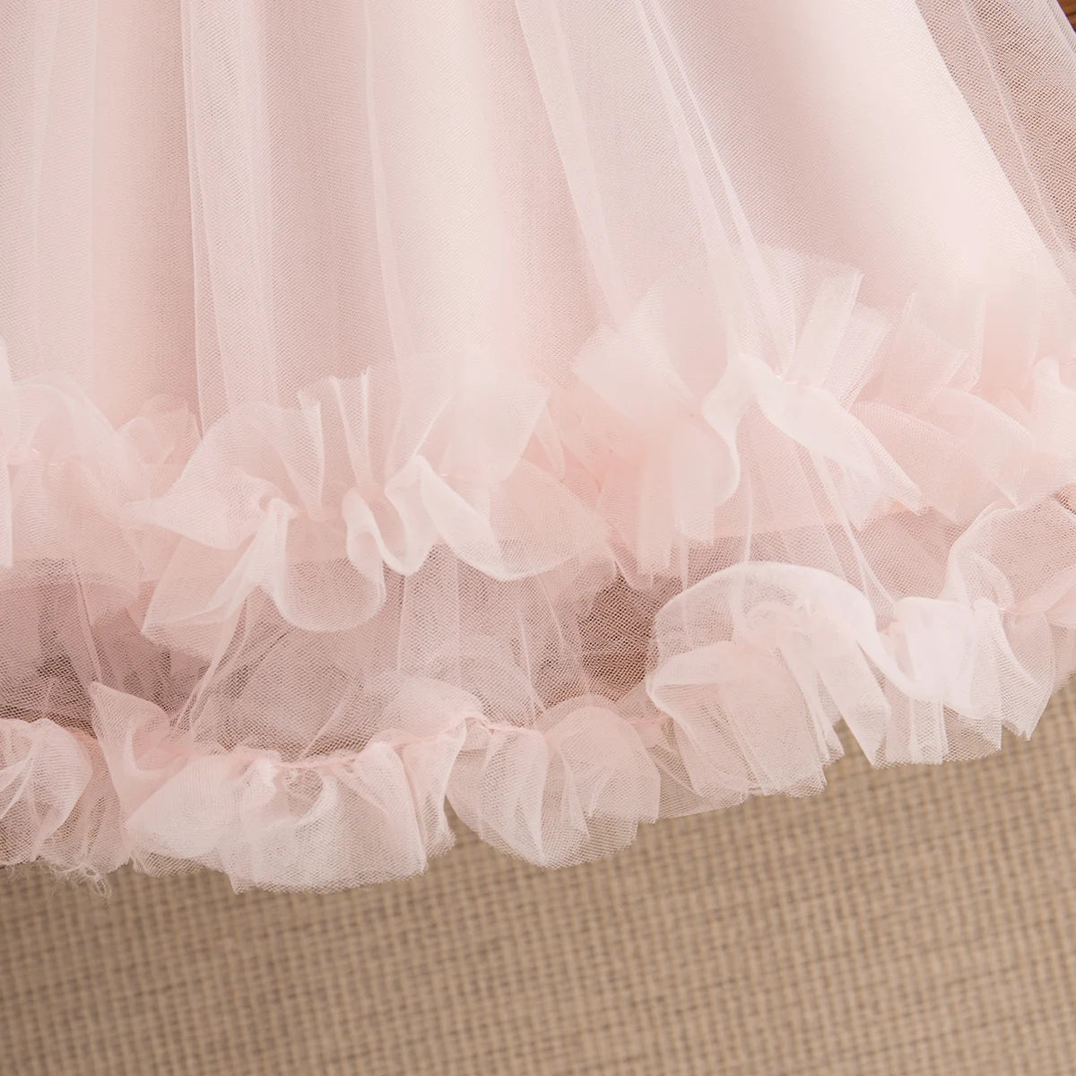 Baby Girl Pink Dress Flower Sweet Sleeveless Feather Gauze Princess Dress Wedding Party Dress for Kids Girl