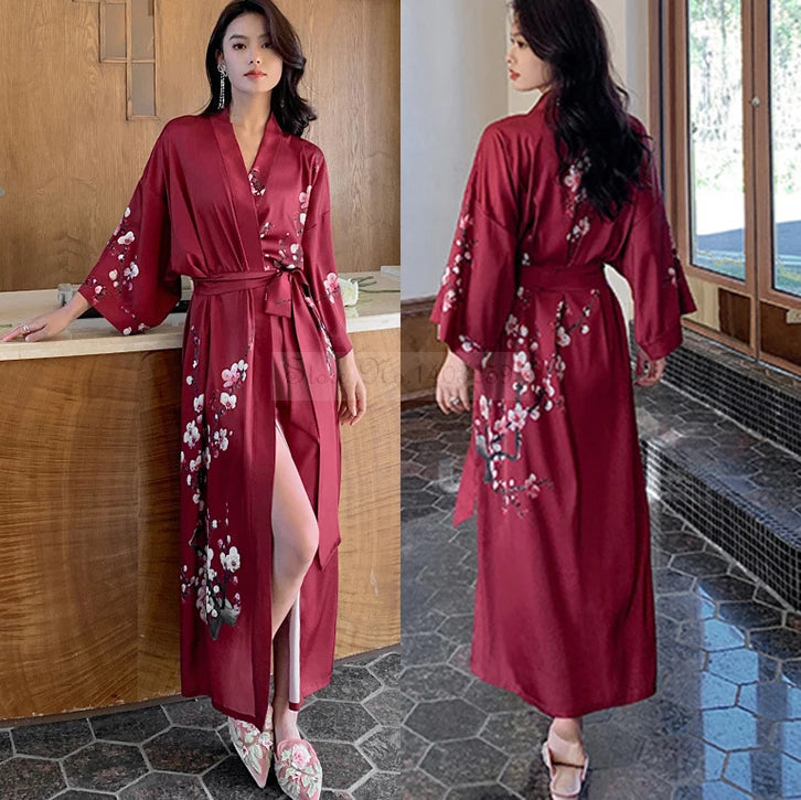 New Spring Summer Female Long Robe Nightgown Sexy Print Flower Kimono Bathrobe Gown Casual Silk Satin Home Dress Lounge Wear