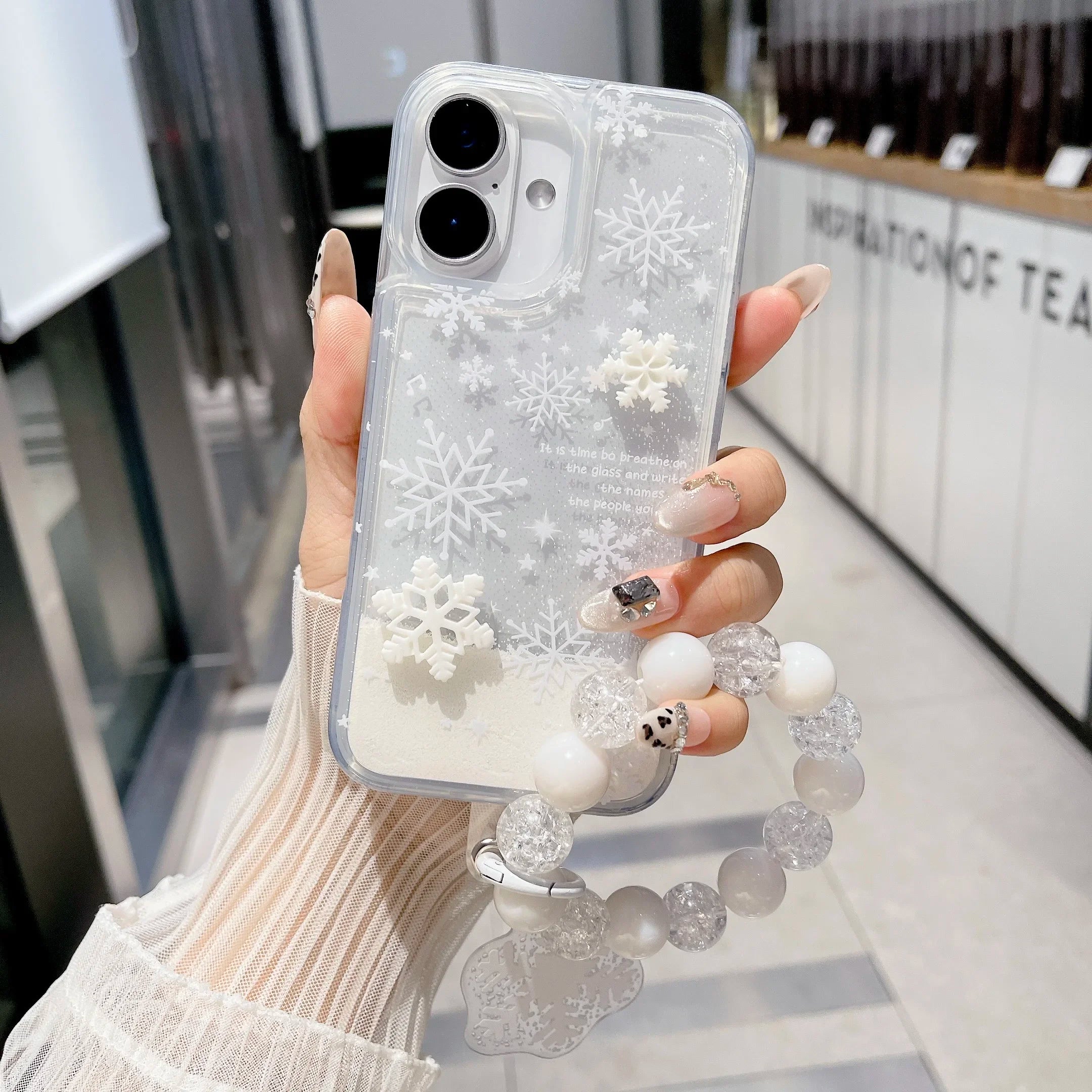 3D Snowman Snowflake Bracelet Quicksand ins Fashion Case for IPhone 16 11 12 13 14 15 Pro Max Plus with Wrist Strap Cover