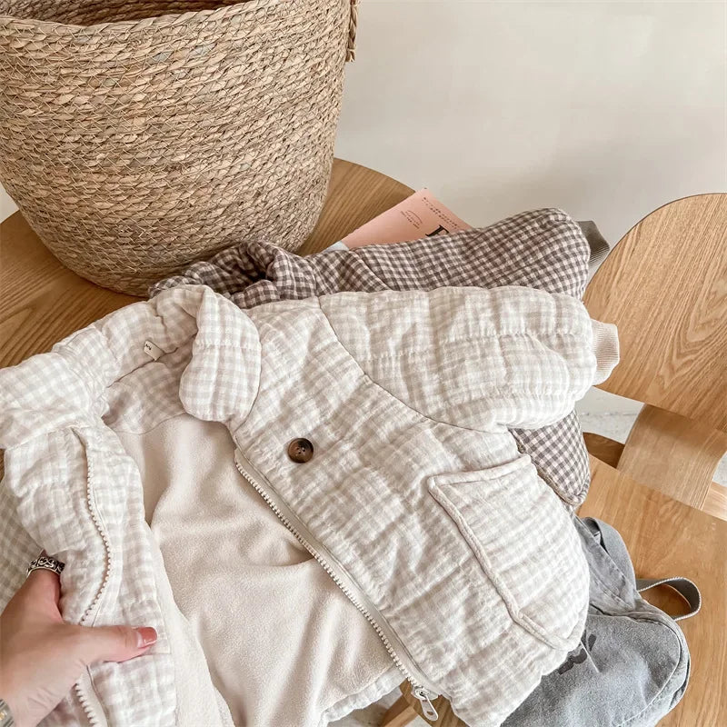 2025 New Winter Toddlers Kids Plaid Thicken Coats Korean Style Fleece Lining Children Warm Outerwear