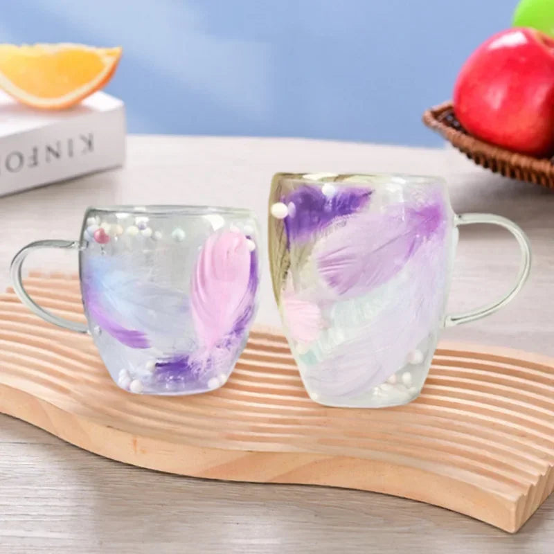250/350ML Feather Design Glass Cup with Handle Double Layer Coffee Cup Transparent Heat Resistant Home Office Exquisite Gift Cup
