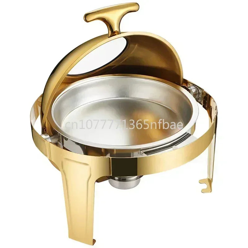 6L Large Roll Top Round Dining Silver Chafing Dish Food Warmer，Hotel Large Stainless Steel Gold Hot Pot
