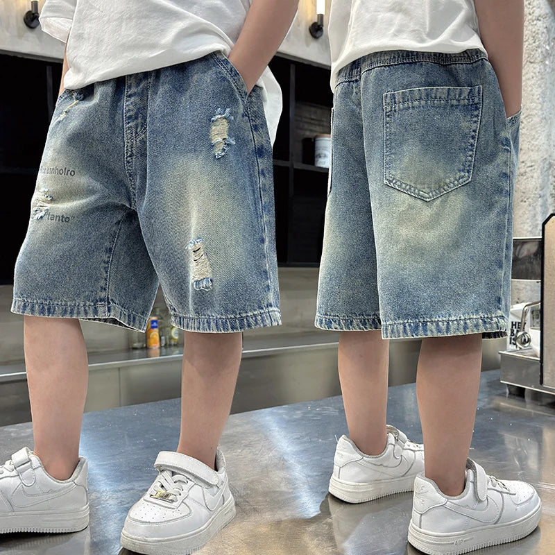 Fashion Kids Boy Street Style Ripped Denim Shorts Vintage Wash Casual Broken Summer Shorts With Holes Child Cool Destroy Bottoms