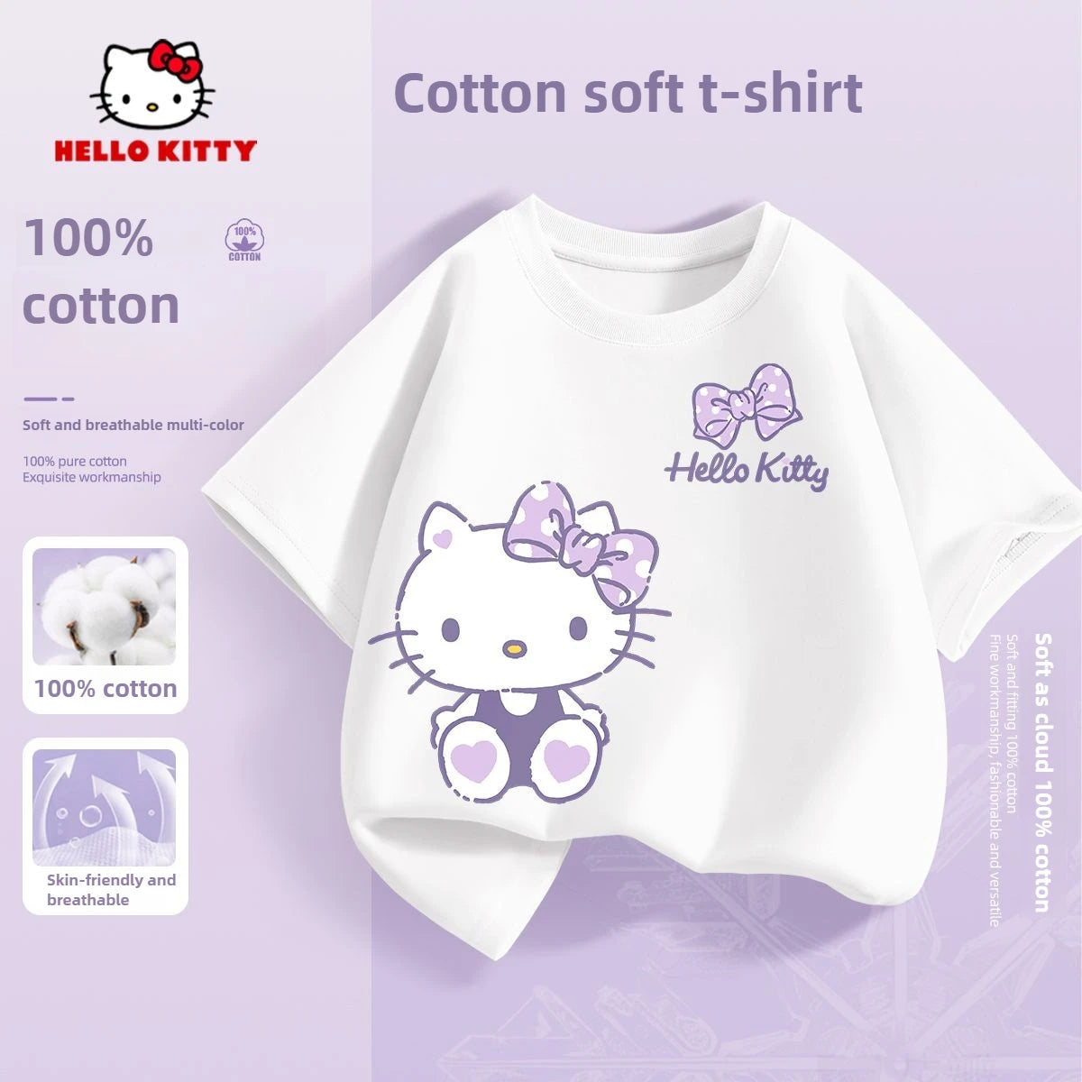 Sanrio Summer Baby Girls 100% Cotton Clothes Kid Children Cute Hello Kitty Printed T-shirts Cartoon Short Sleeve Top Outfits