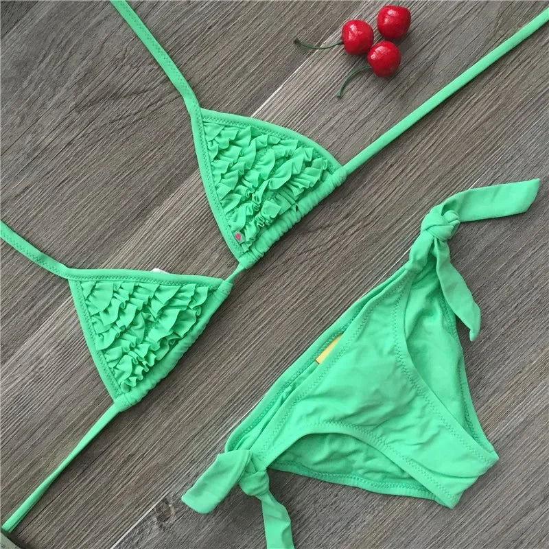 4 Color Brand 2024 Summer Girls Swimwear Soild Baby Kids Swimwear Biquini Infantil Swimsuits Falbala Bikini Girl For 6-14years