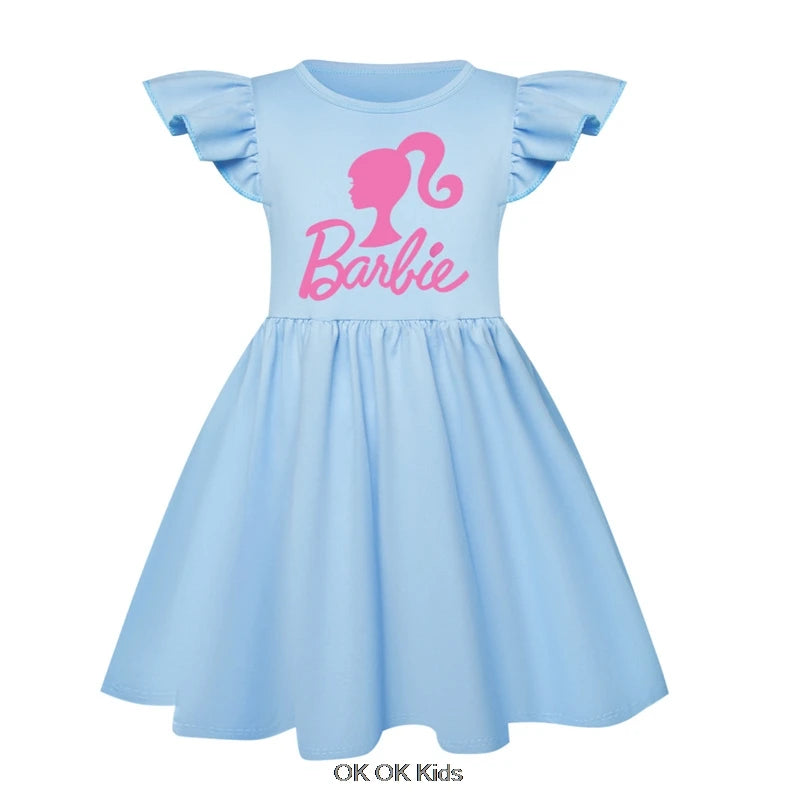 New Summer Dress Barbie the movie for Girls Kids Princess Tank Top Dress Girls Dresses Flying sleeve Childre Clothes +Bag 1-8T