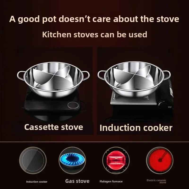 34cm Stainless Steel Hot Pot Three Divided Cookware Induction Little Sheep Pot Hot Pot Ruled Compatible Cooking Winter Party