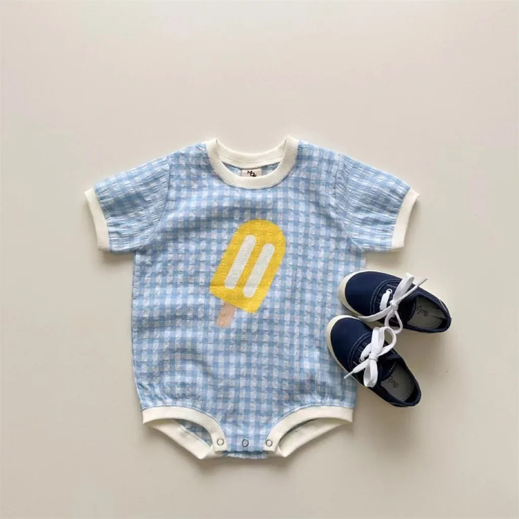 Newborn Baby Girls Boys Short Sleeve Plaid Ice Cream Print Jumpsuits Toddler Cotton Thin Clothing Infant Kids Bodysuits 유아복