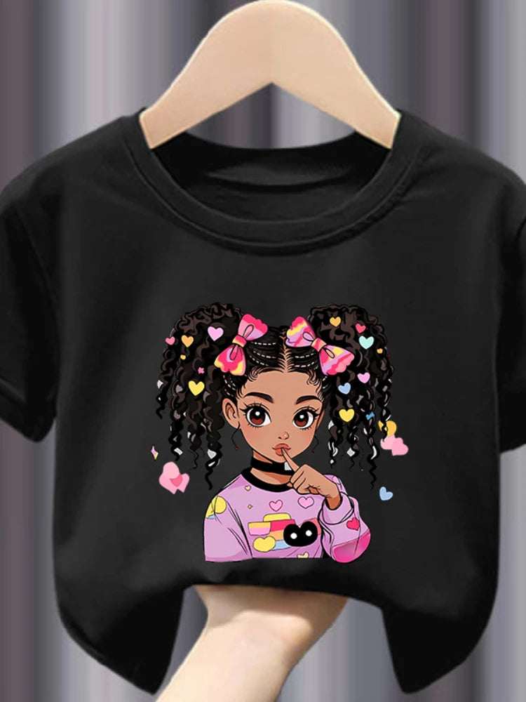 Colorful Cute BLACK GIRL Print Girls Soft and Stretchy Round Neck Short Sleeve T-shirt Kids Clothes Clothes Girls Clothes Bs